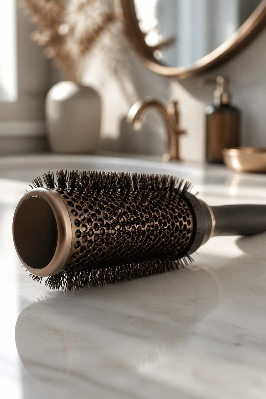 Close-up of round brush used for styling brown bob haircuts.