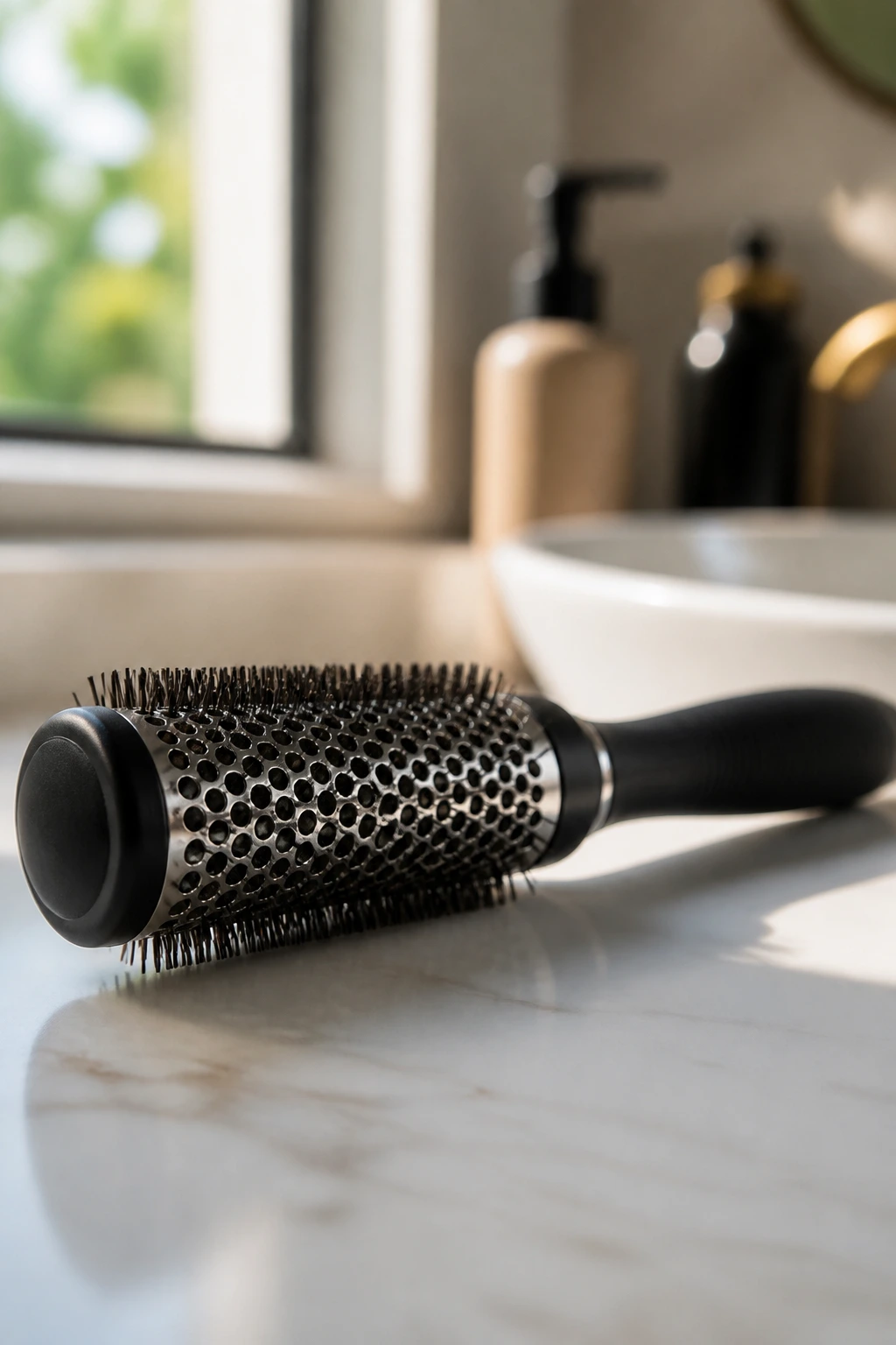 Close-up of a round brush used for wolf-cut styling on a bathroom counter