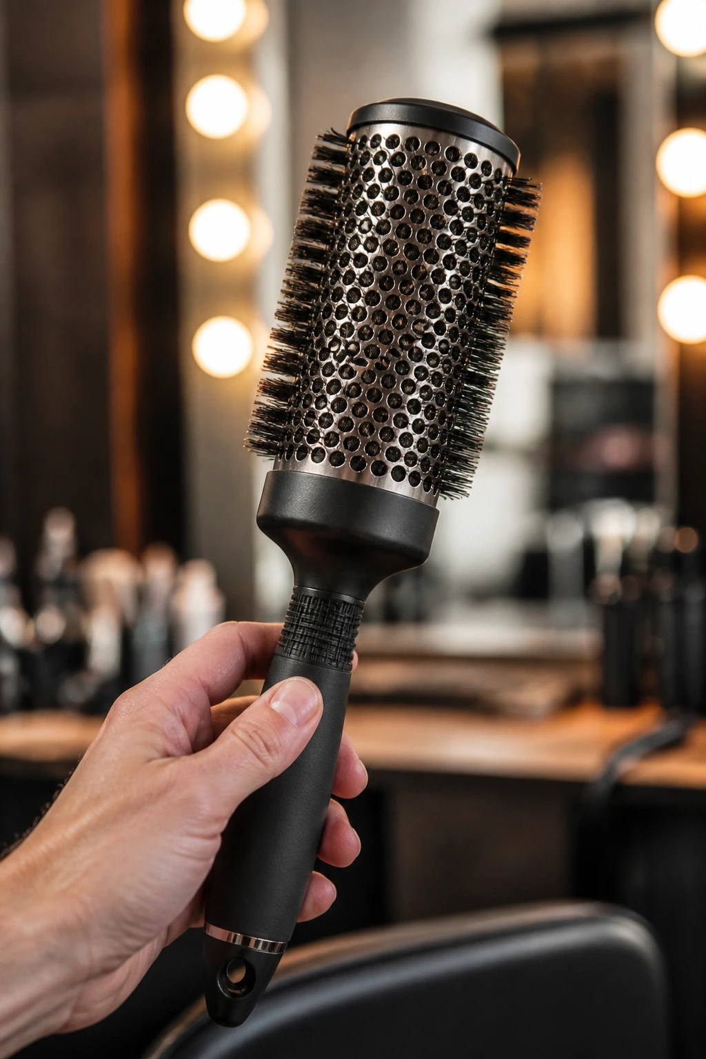 Close-up of a round brush used for face-framing layers in a salon setting