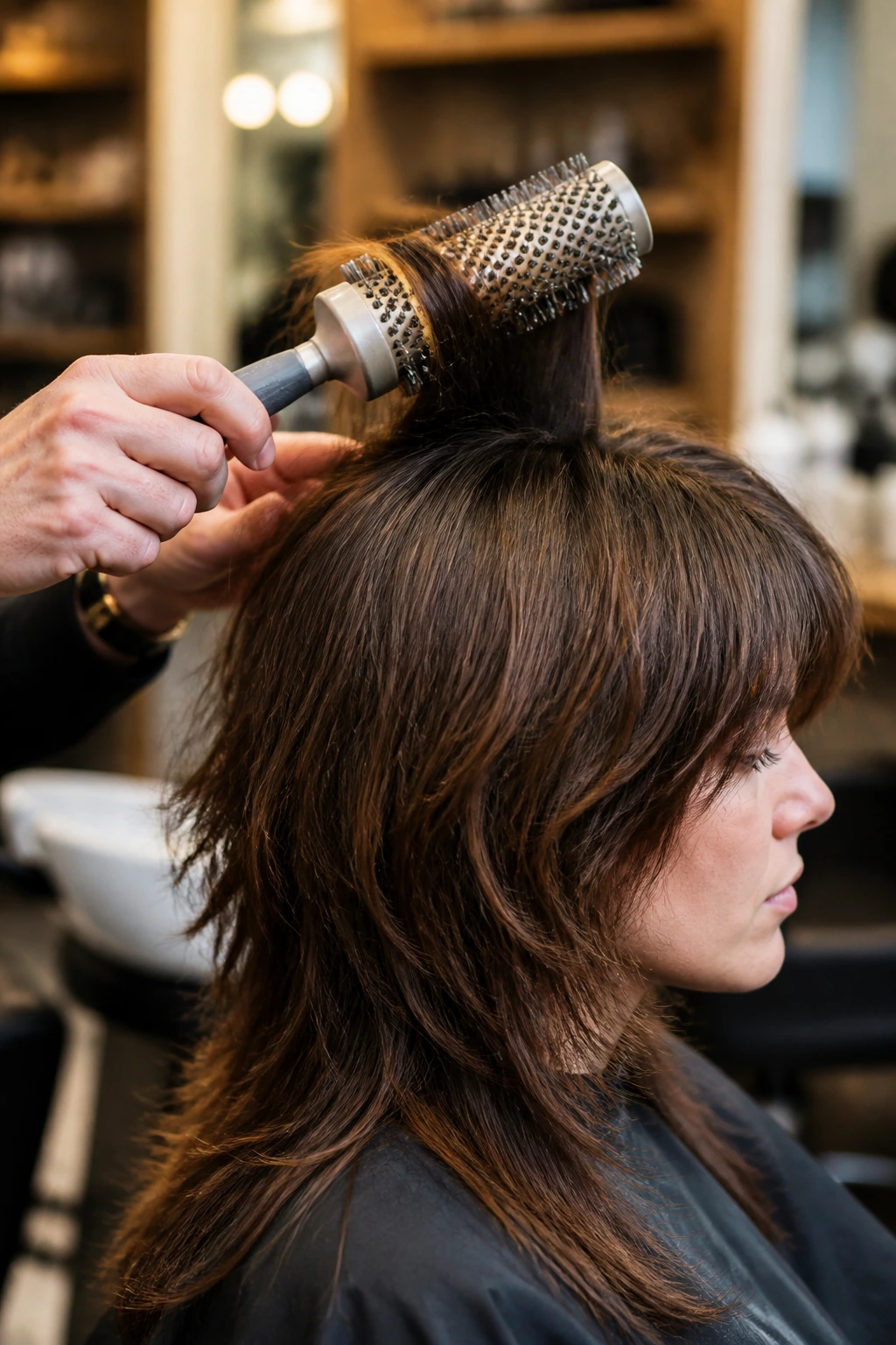 Close-up of hands using a round brush in a salon setting.