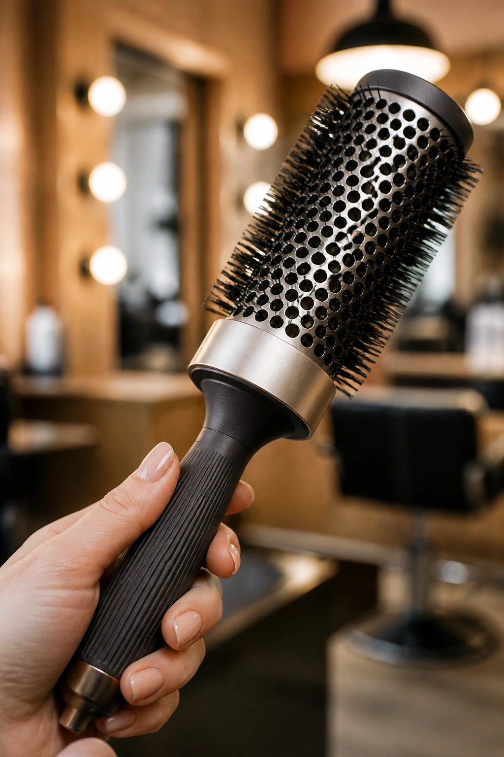 Close-up of a round brush held in a hand with a blurred salon background.