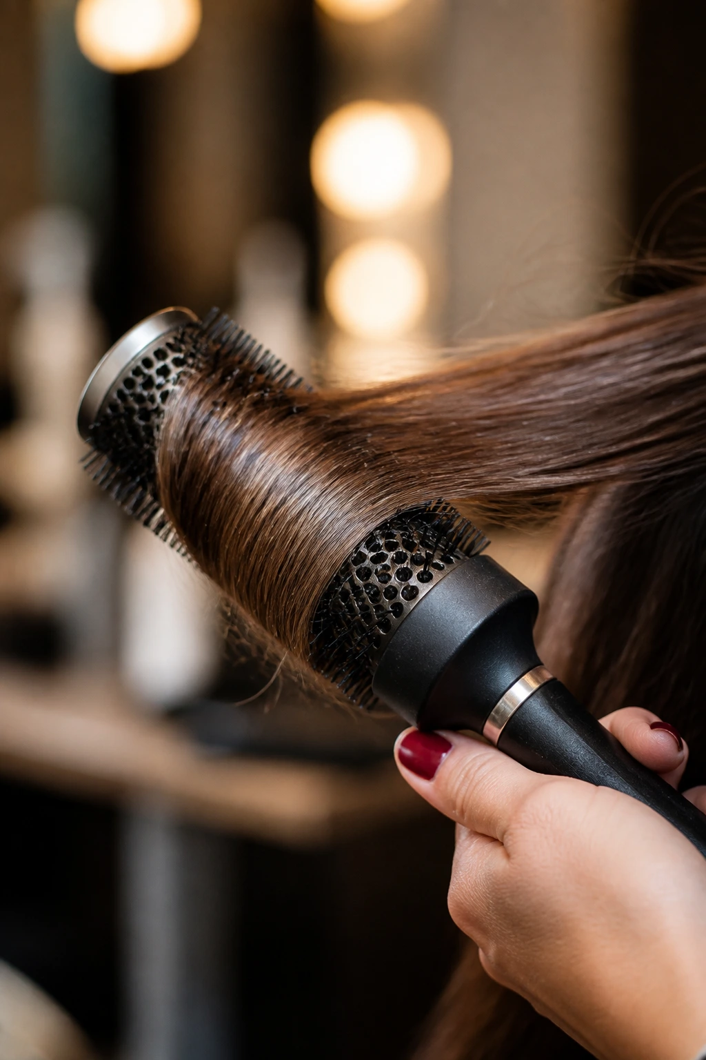 Close-up of a round brush with hair wrapped around it in a salon