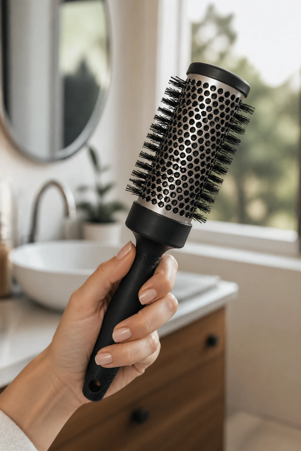 Close-up of a round brush held in a bathroom setting