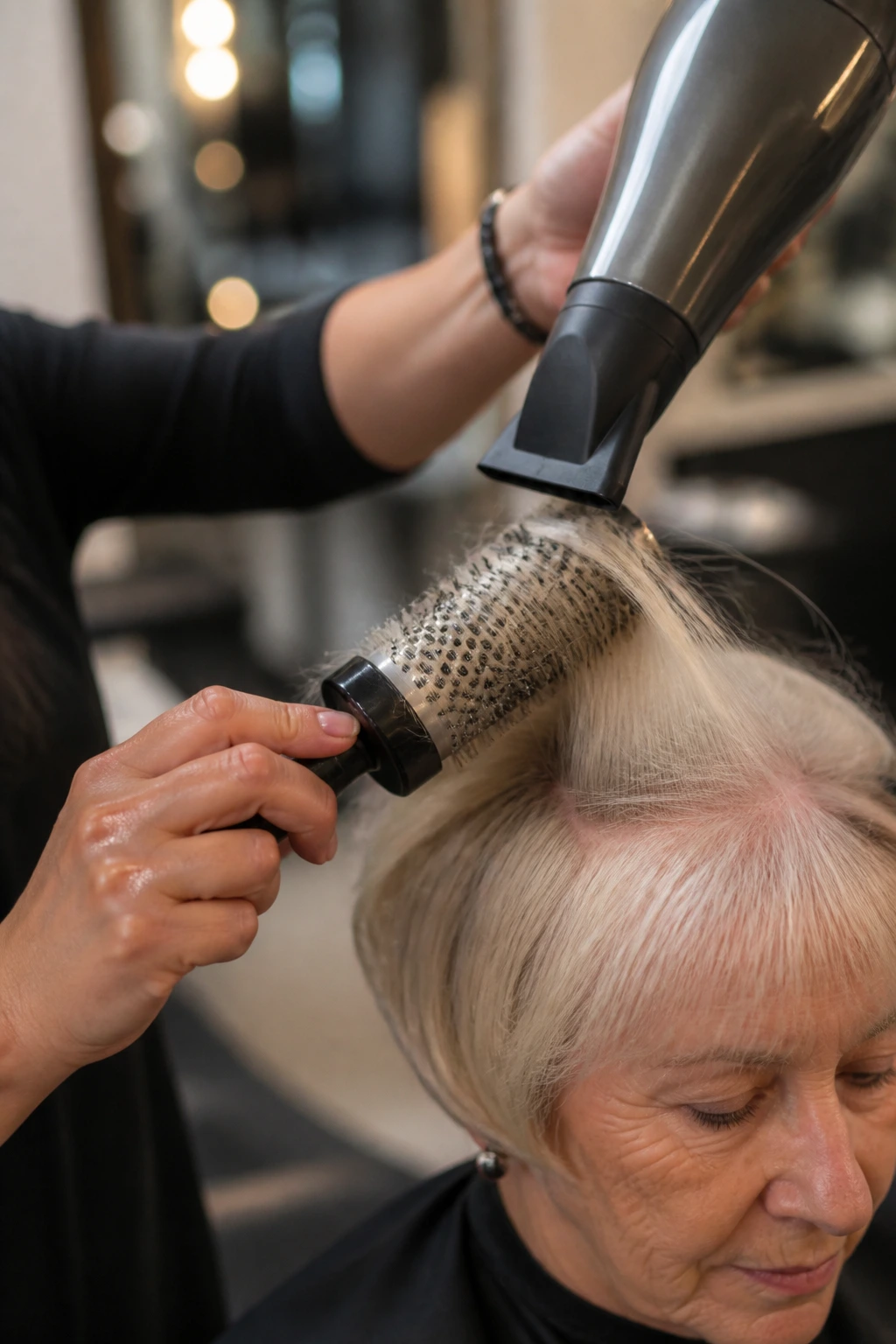 Hairstylist using a round brush on a client in a real salon, tool in action