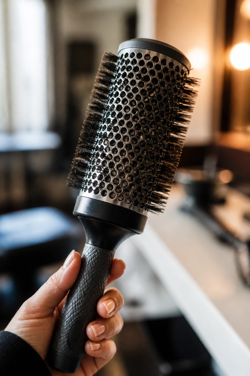 Close-up of a round brush held in hand with a blurred salon background.