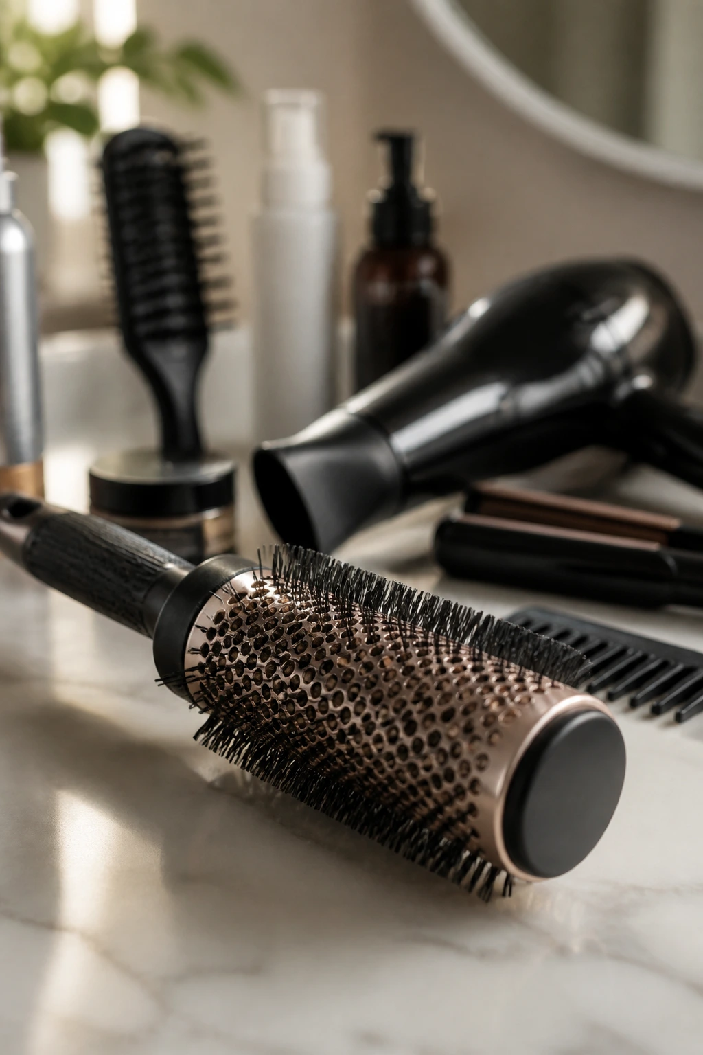 Close-up of a round brush on a vanity with soft lighting