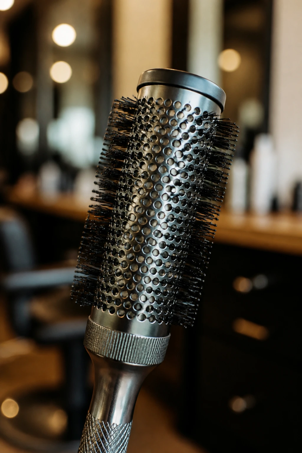 Close-up of a round brush in a warm salon setting