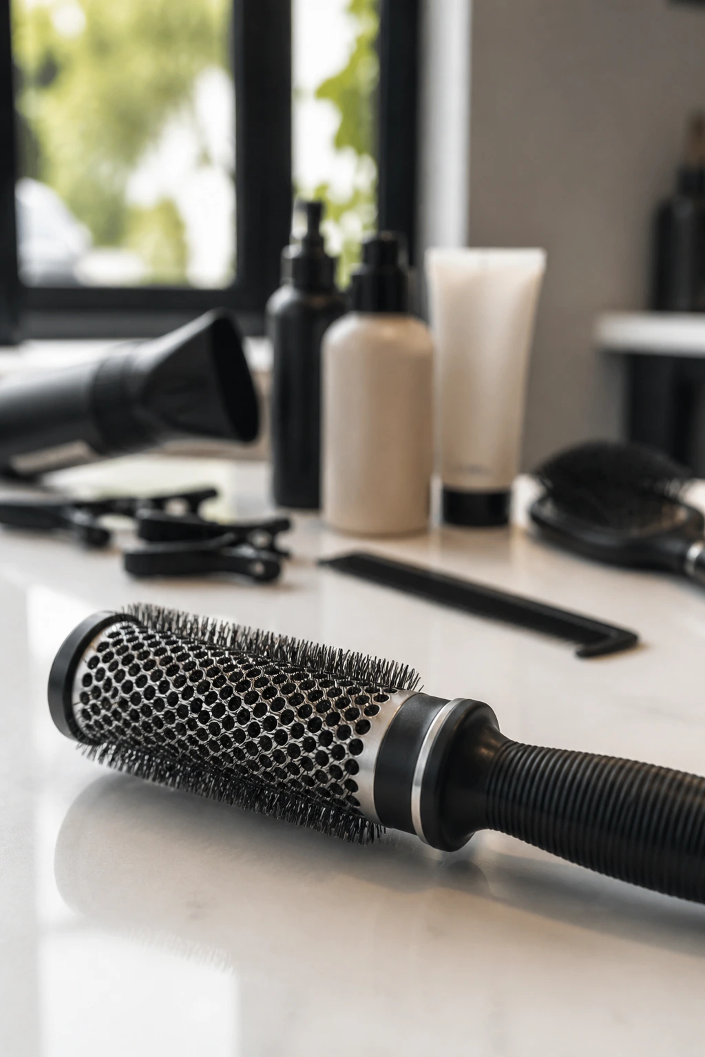 Close-up of a round brush and salon tools on a counter