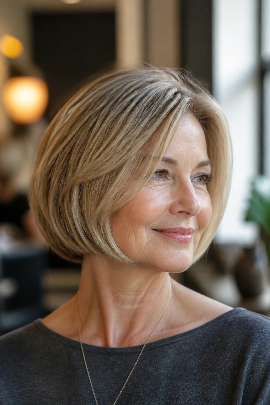 Close-up of round-brushed volume bob on real woman with lifted roots