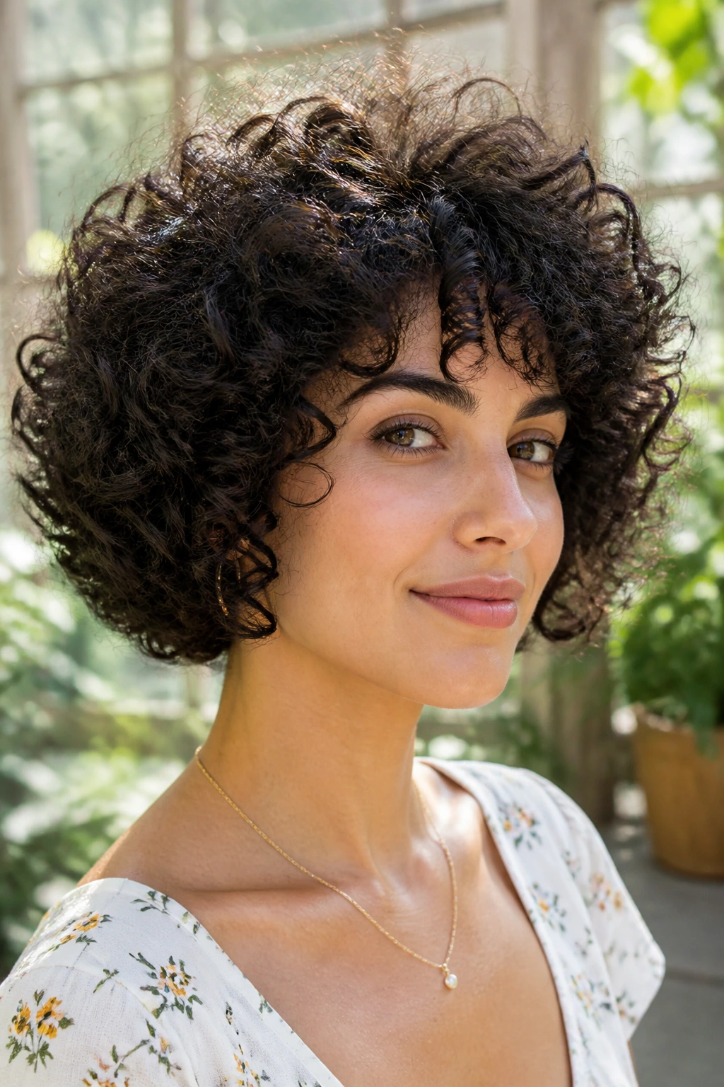 Close-up of a real woman with a round curly bob for dense hair