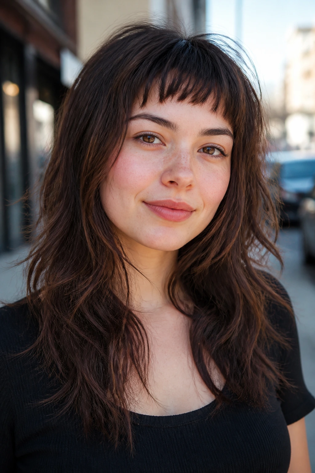Close-up portrait of a real woman with arched short bangs for round face