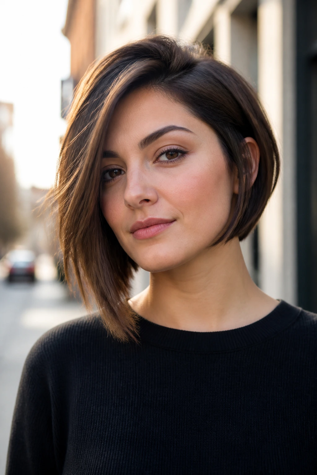 Close-up portrait of a real woman with round-face flattering asymmetrical bob on outdoor street