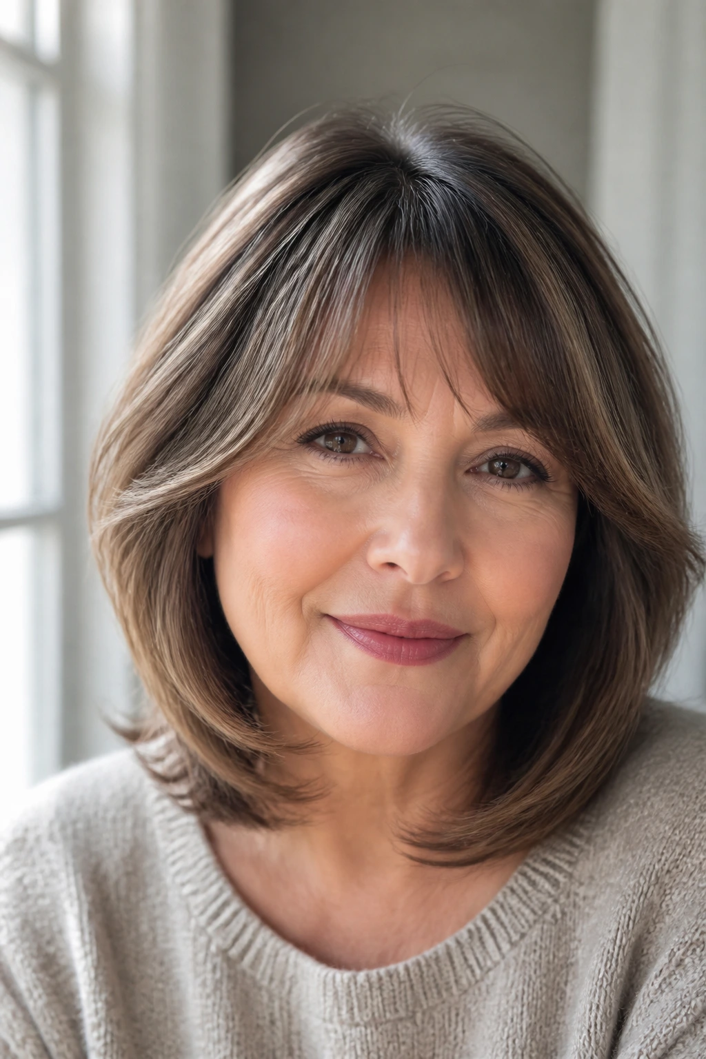 Close-up portrait of a real woman with a soft curved fringe on a round face