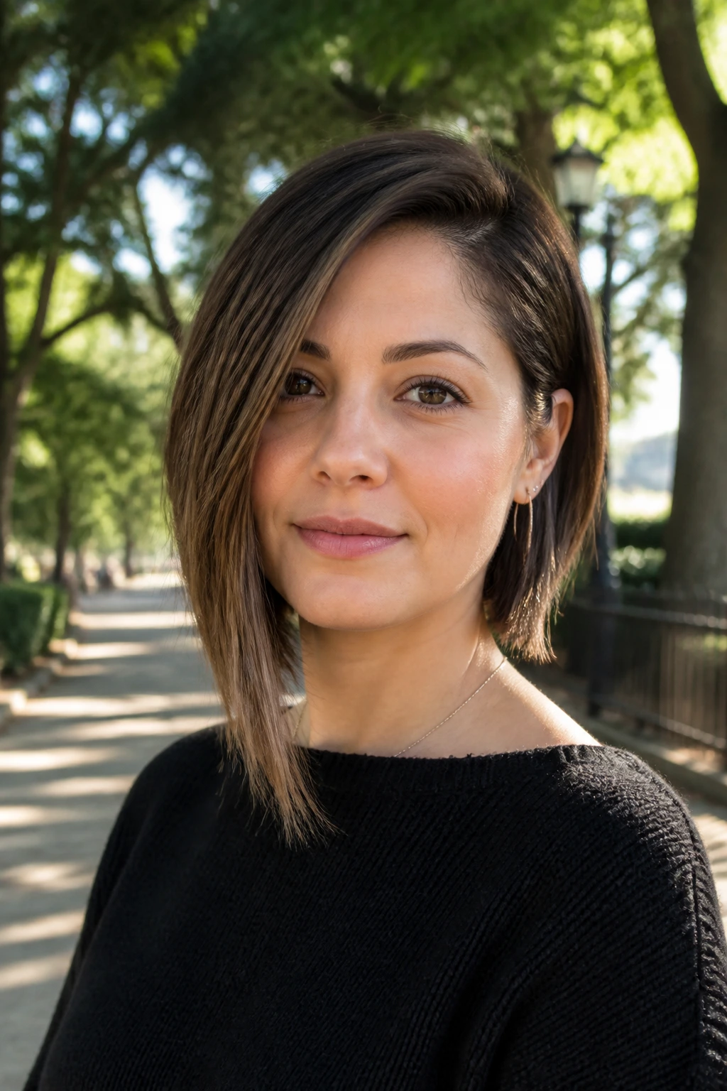 Close-up of a real woman with a round-face balancing bob