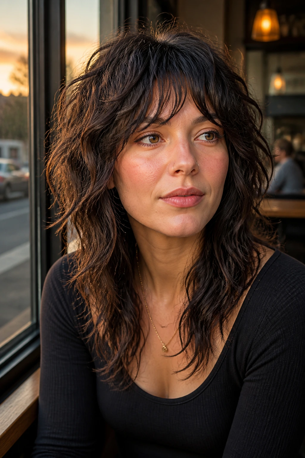 Close-up portrait of a real person with round-face balancing shag showing longer front pieces