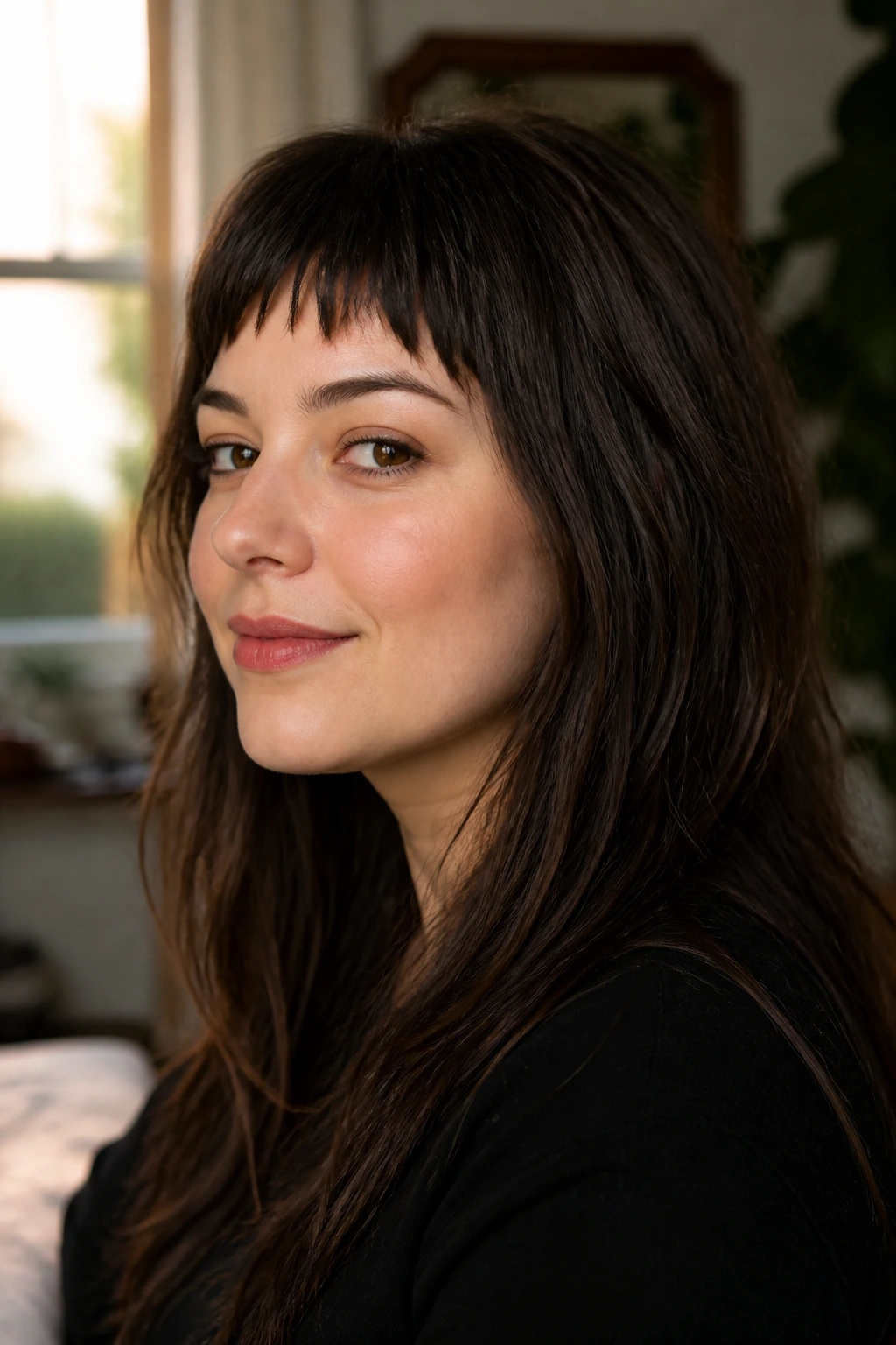 Portrait of a real woman with angled choppy bangs to balance a round face