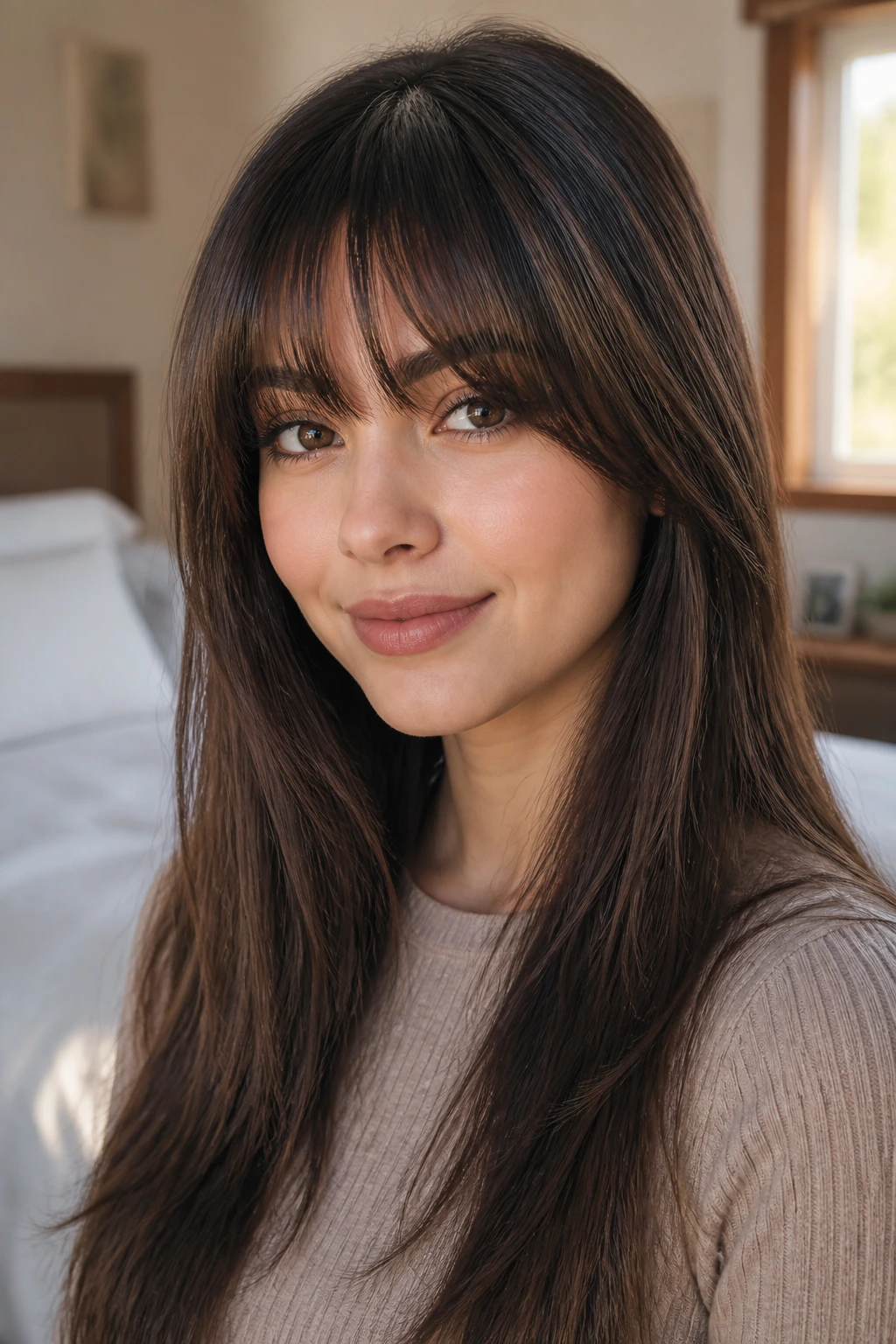 Close-up portrait of a real woman with long hair and high-placed fringe flattering a round face in warm light