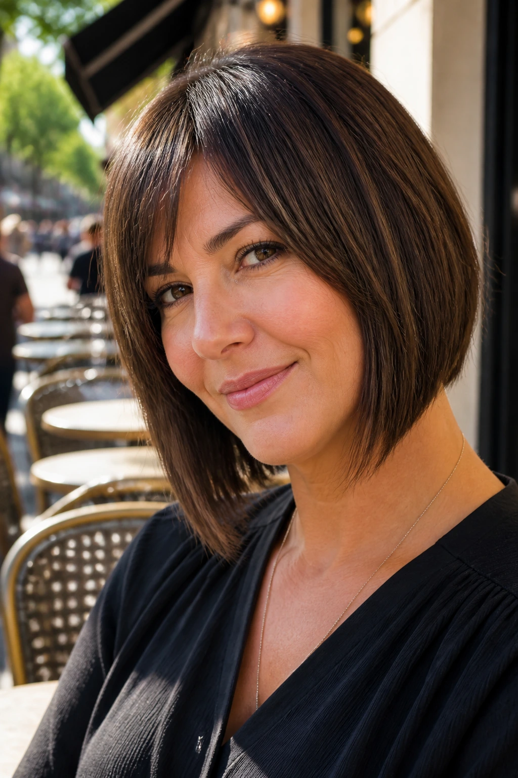 Portrait of a woman with round face and angled cheek-length bangs.