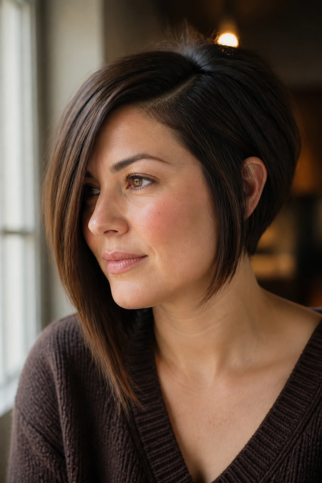 Close-up of a real woman with asymmetrical bob for round faces