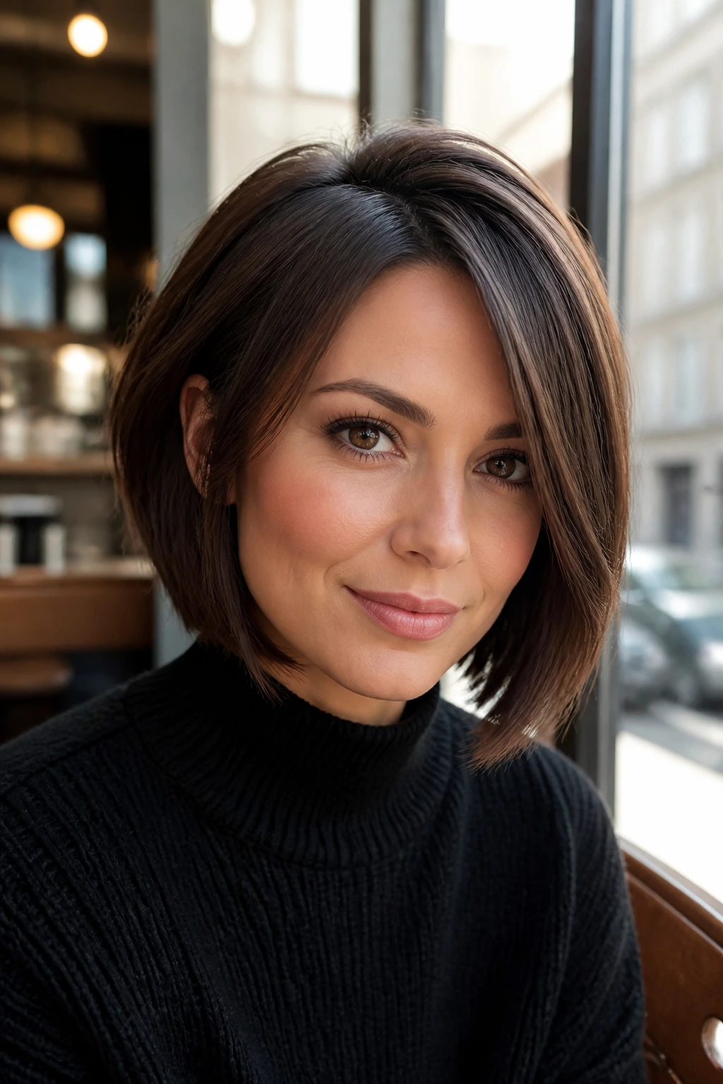 Portrait of a real person with a round-face bob, crown lift and side part.