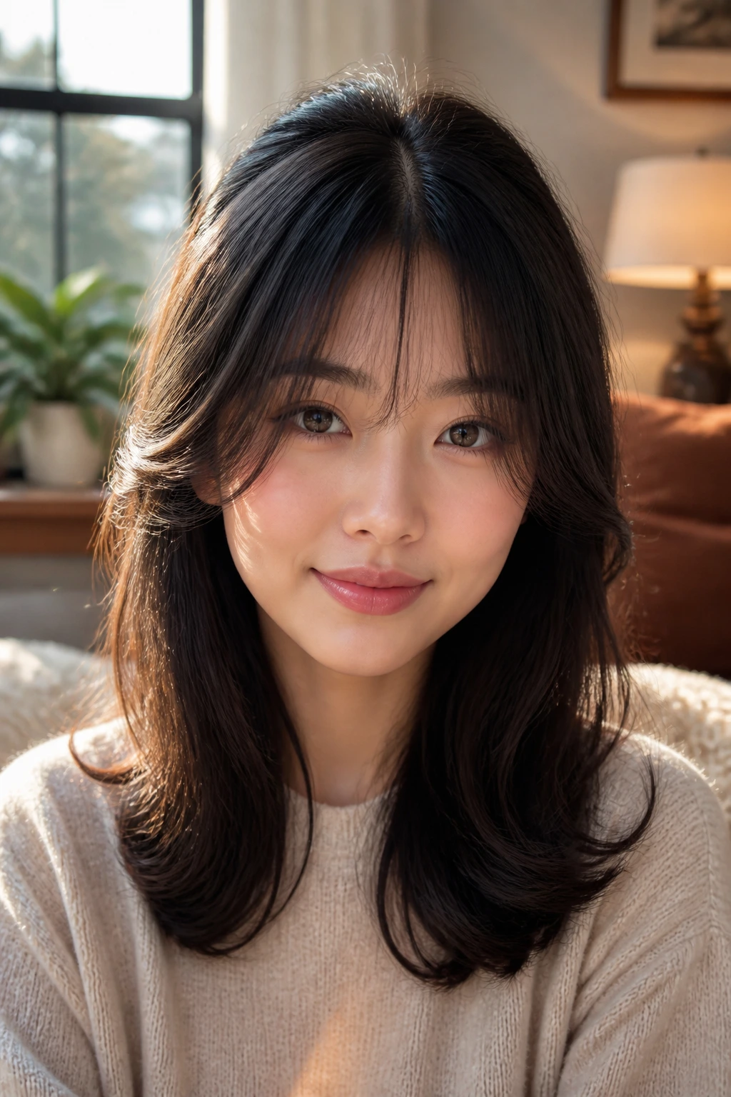 Close-up of a real woman with round-face bottleneck bangs and vertical fringe