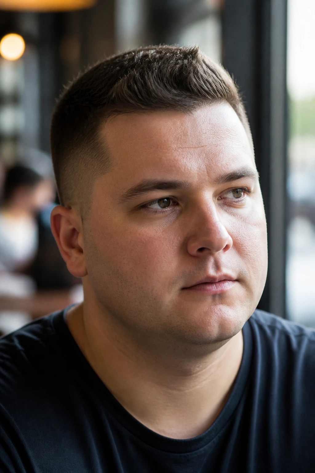 Close-up portrait of a real man with a round-face crew cut