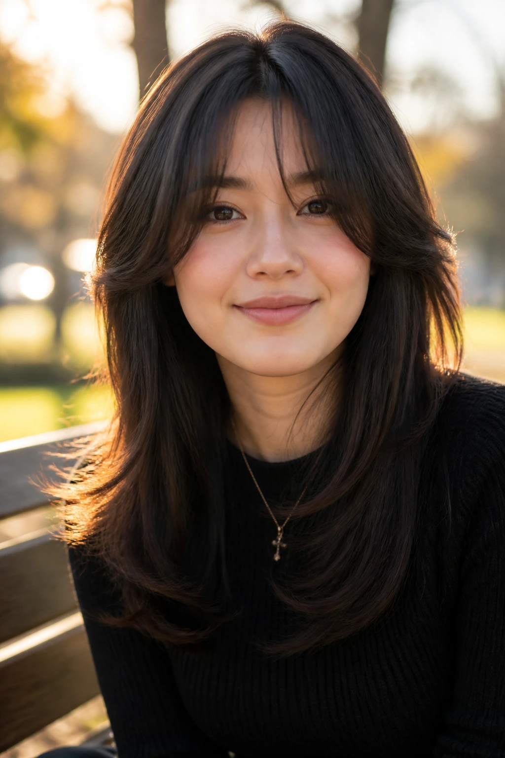 Portrait of a real woman with longer curtain bangs and butterfly cut for a round face in golden hour light