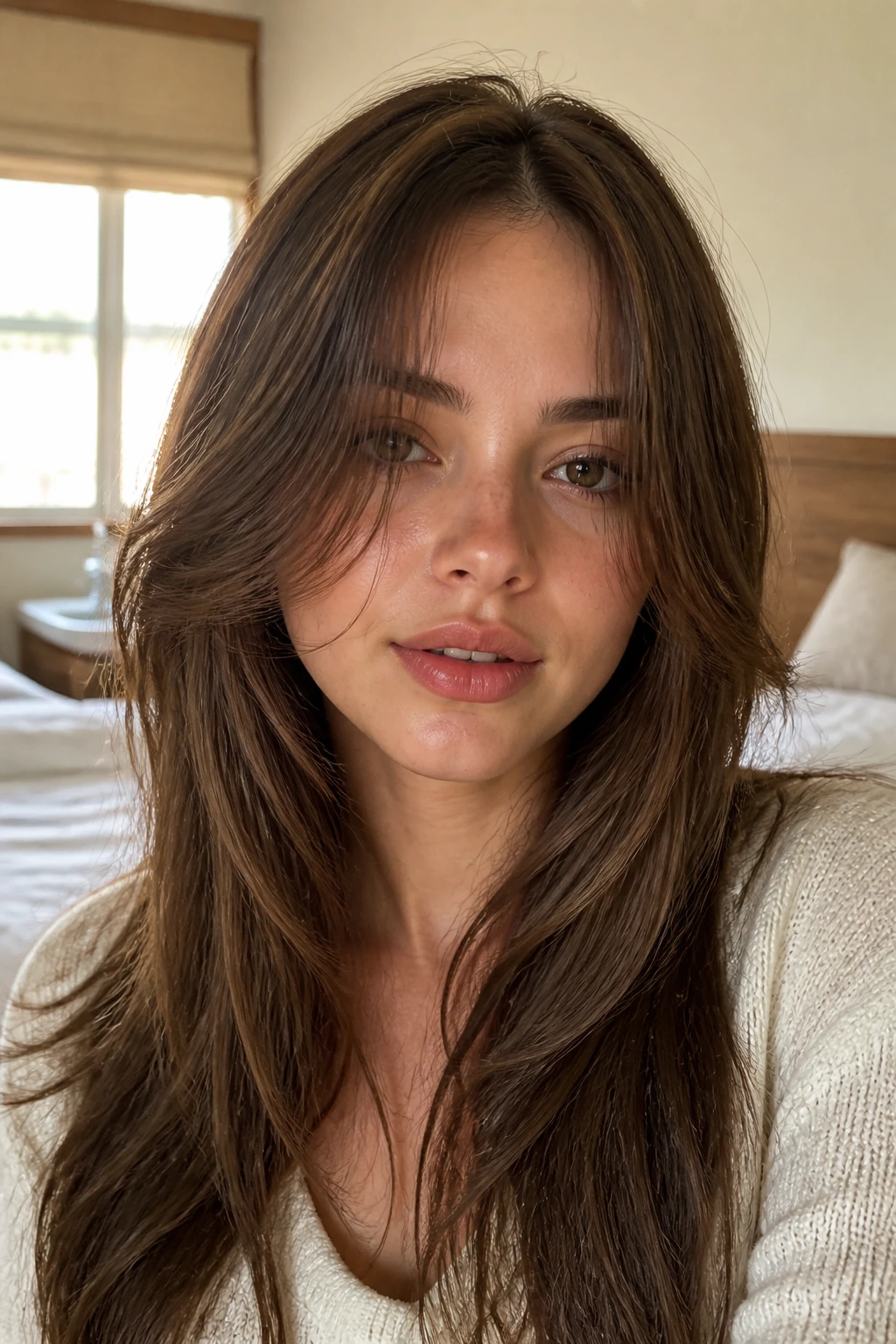 Close-up portrait of a real woman with round-face lengthening curtain bangs in warm window light