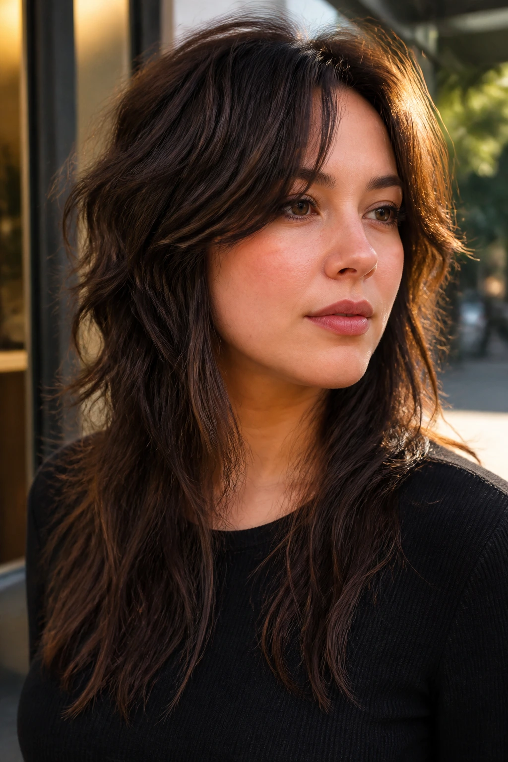 Portrait of a real woman with Round-Face Elongating Wolf to elongate the face.