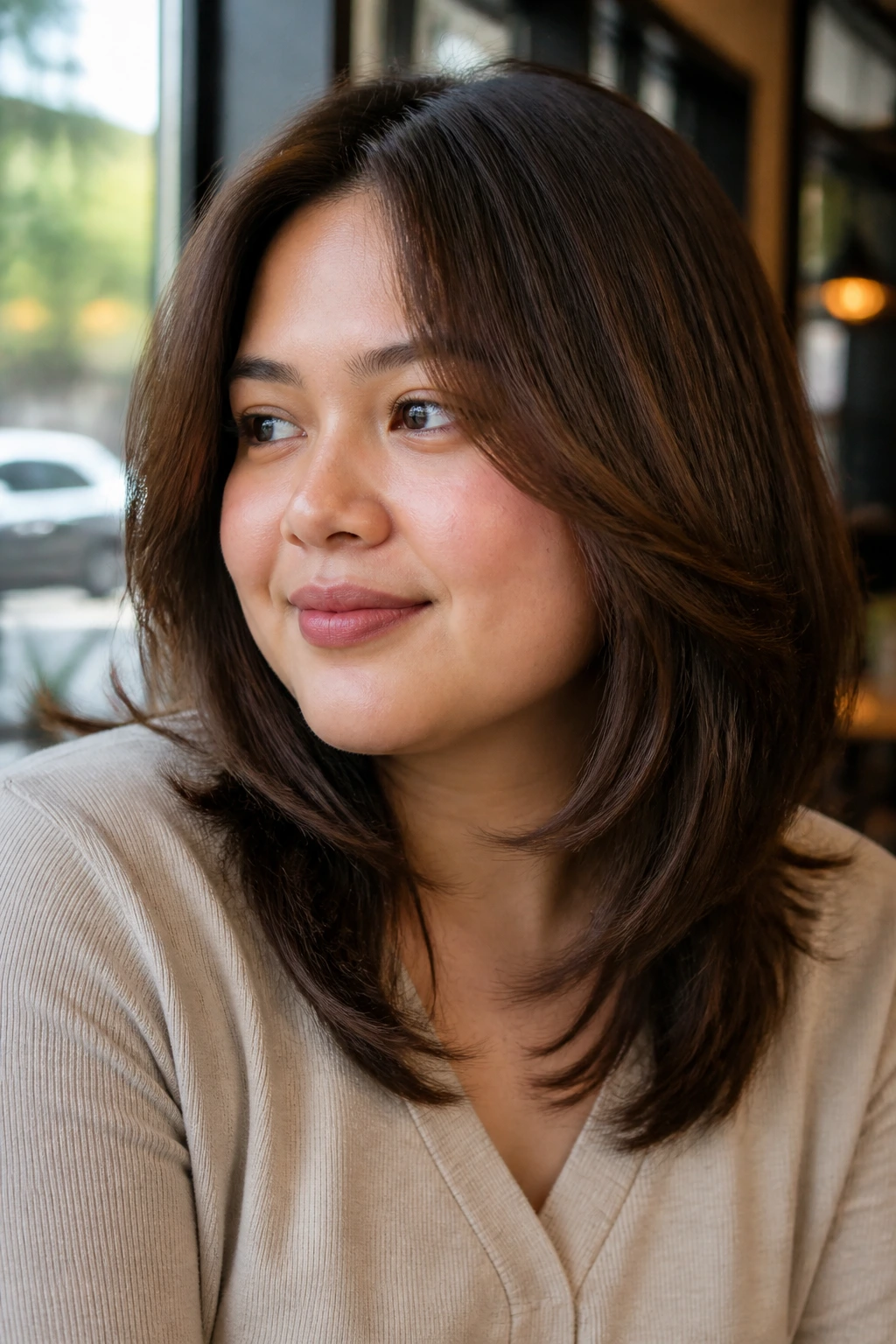 Close-up of a real woman with feathered layers flattering a round face in cafe light