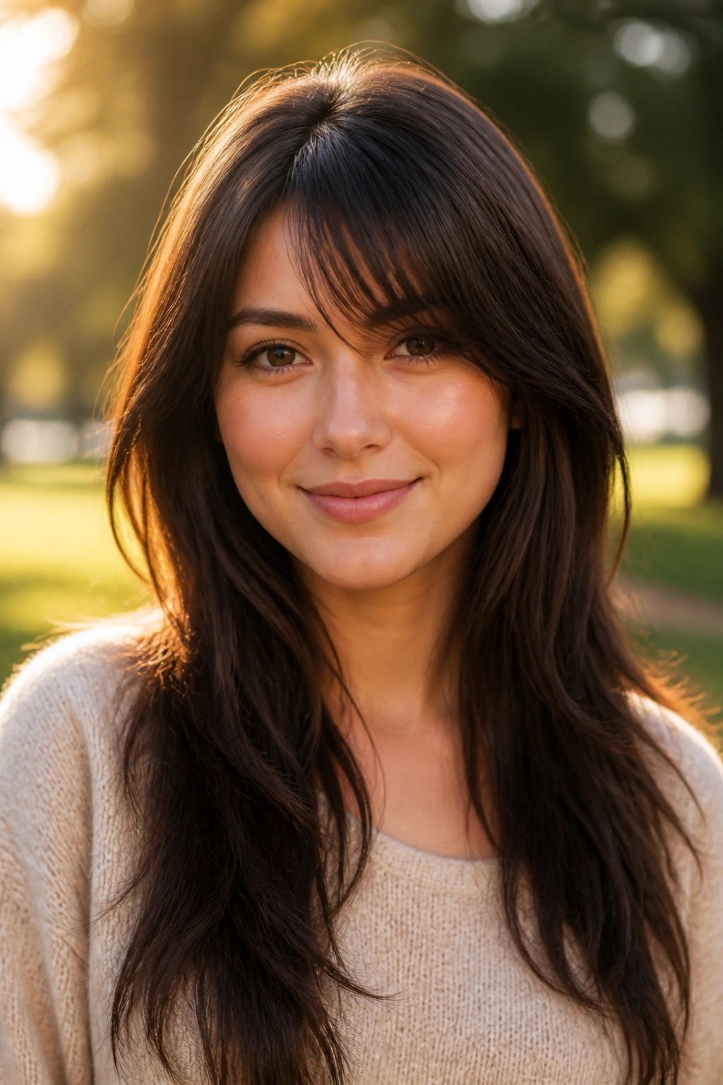 Portrait of a woman with long hair and side-swept bangs that frame a round face