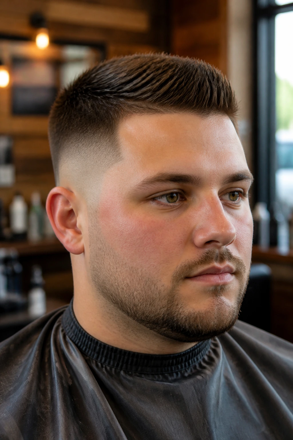 Close-up of a real man with round-face crew cut in a barbershop