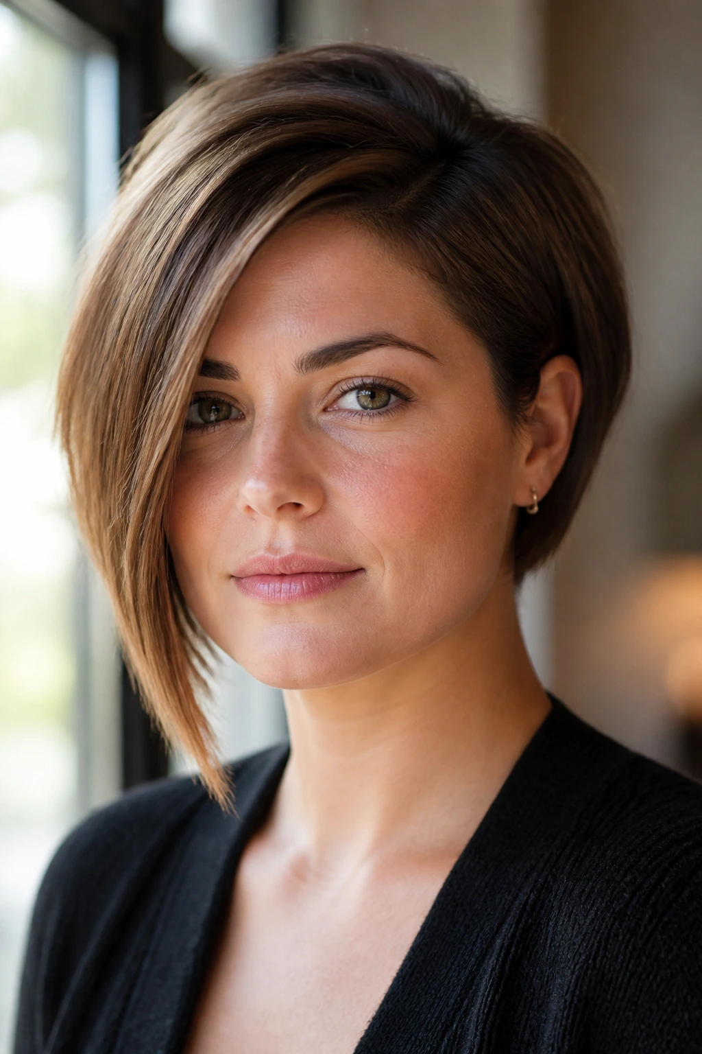 Close-up portrait showing diagonal line, side part, and crown lift on a round-face hairstyle.