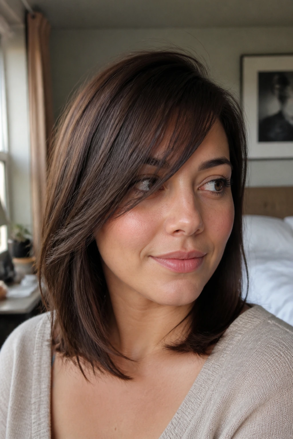 Close-up portrait of a real woman demonstrating the Round-Face Lengthener side bangs.