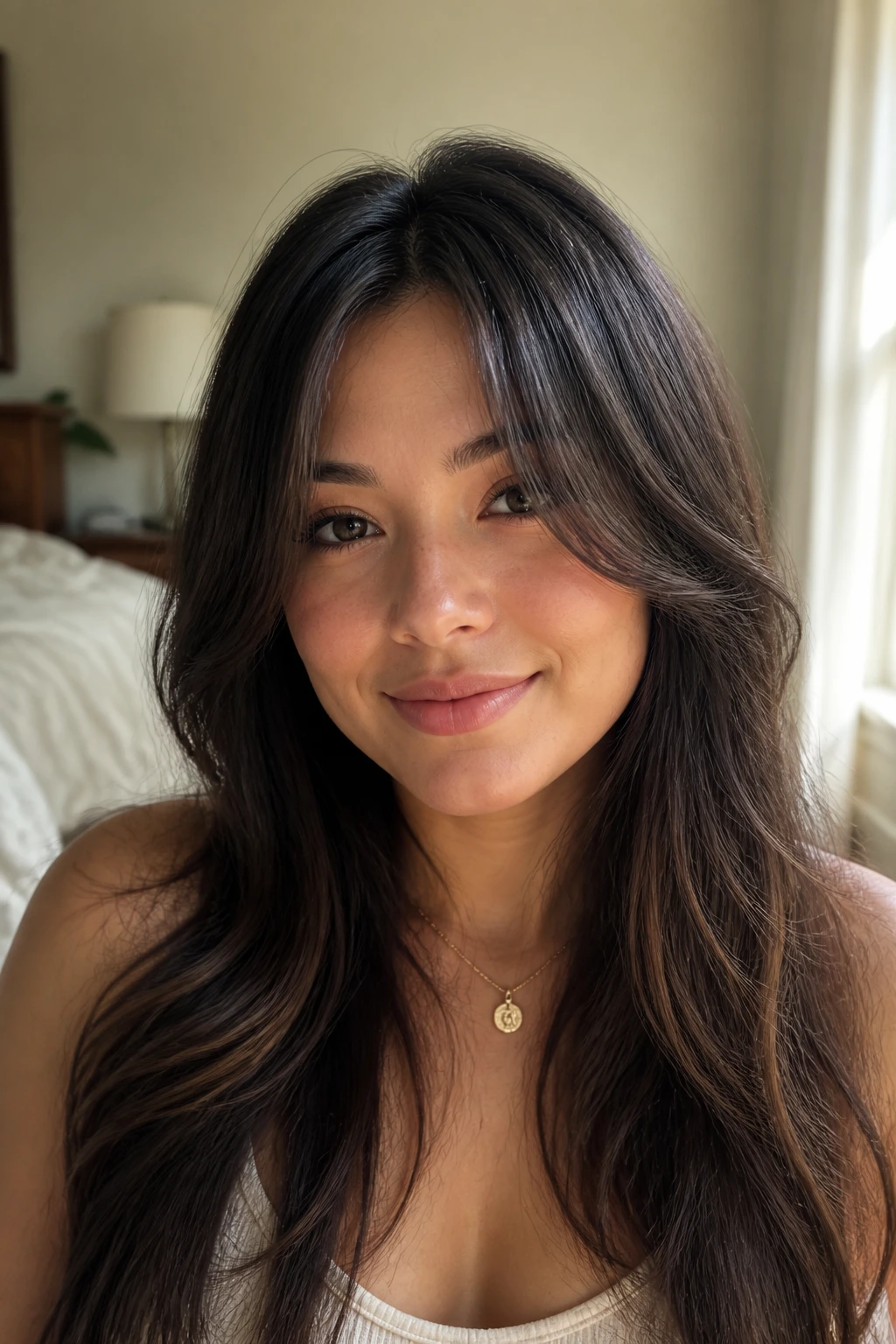 Portrait of a real woman with round-face lengthening drapes curtain bangs