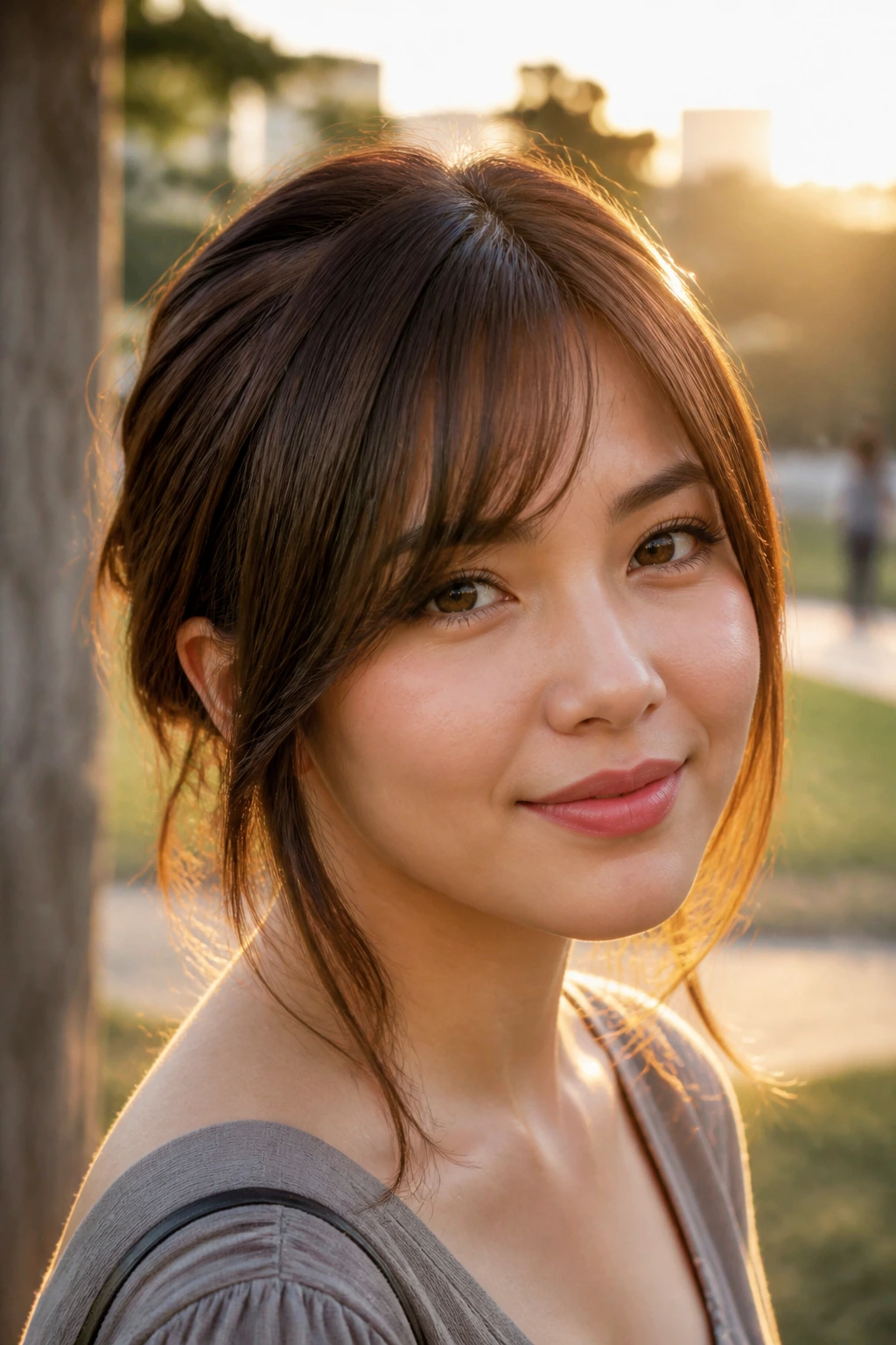 Close-up of a real woman with round-face lengthening fringe under golden hour light