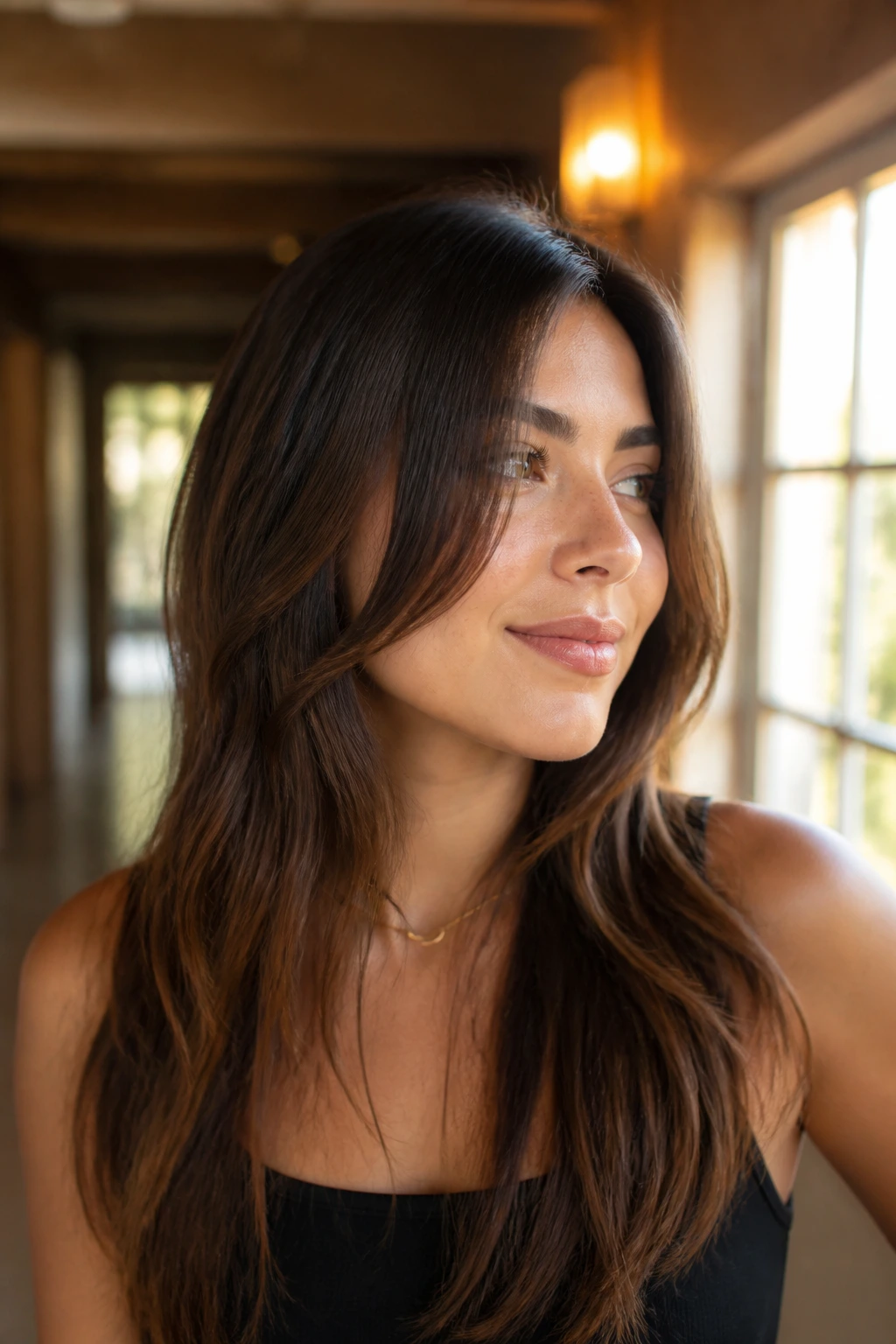 Close-up portrait of a real person with Round-Face Lengthening Layers framing the face.