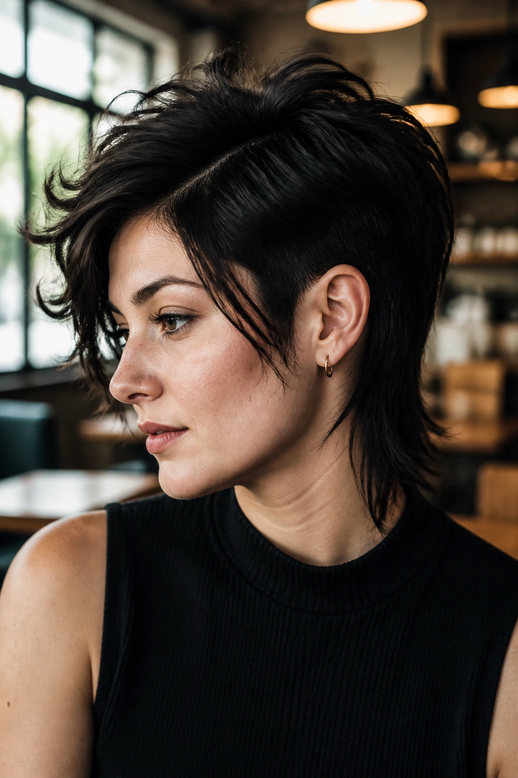 Close-up portrait of a real person with round-face lift mullet in cafe light
