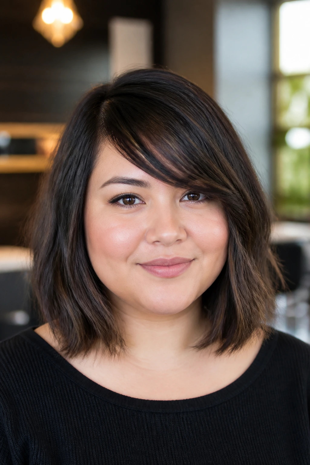 Portrait of a real woman with round-face lob and angled side bangs