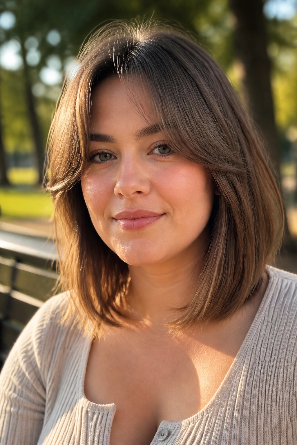 Close-up portrait of a real woman with a round-face lob and lifted curtain bangs in golden hour light
