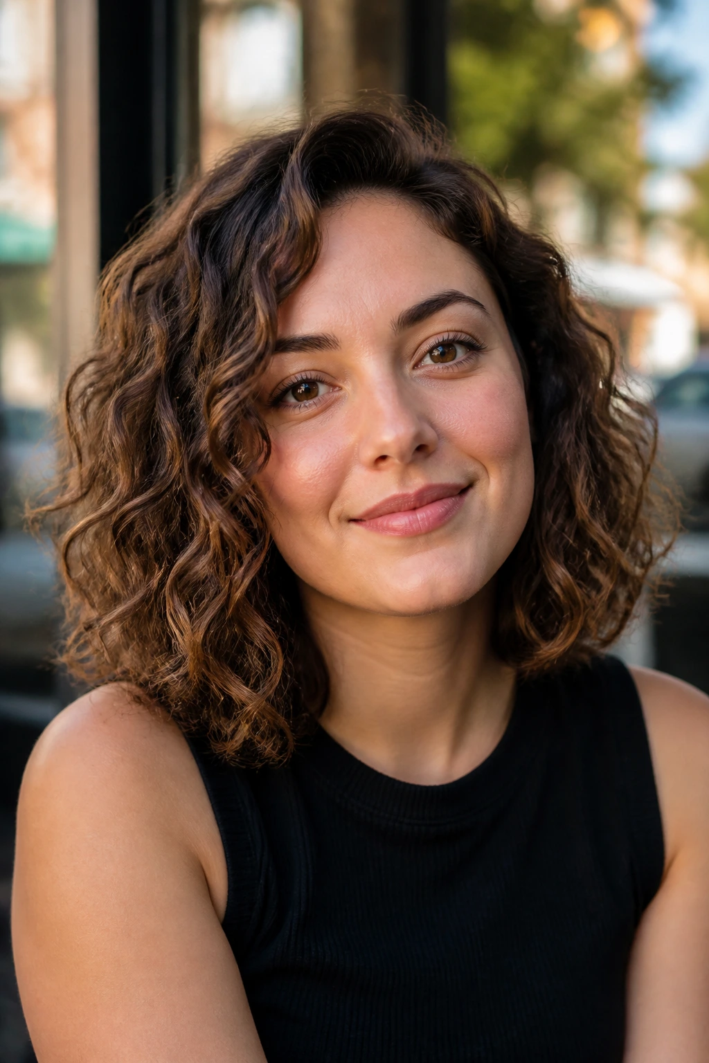 Close-up of a real woman with a round-face flattering lob and side part