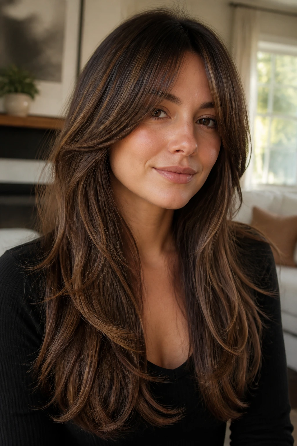 Close-up of a woman with long layered hair feathered to flatter a round face, in natural light