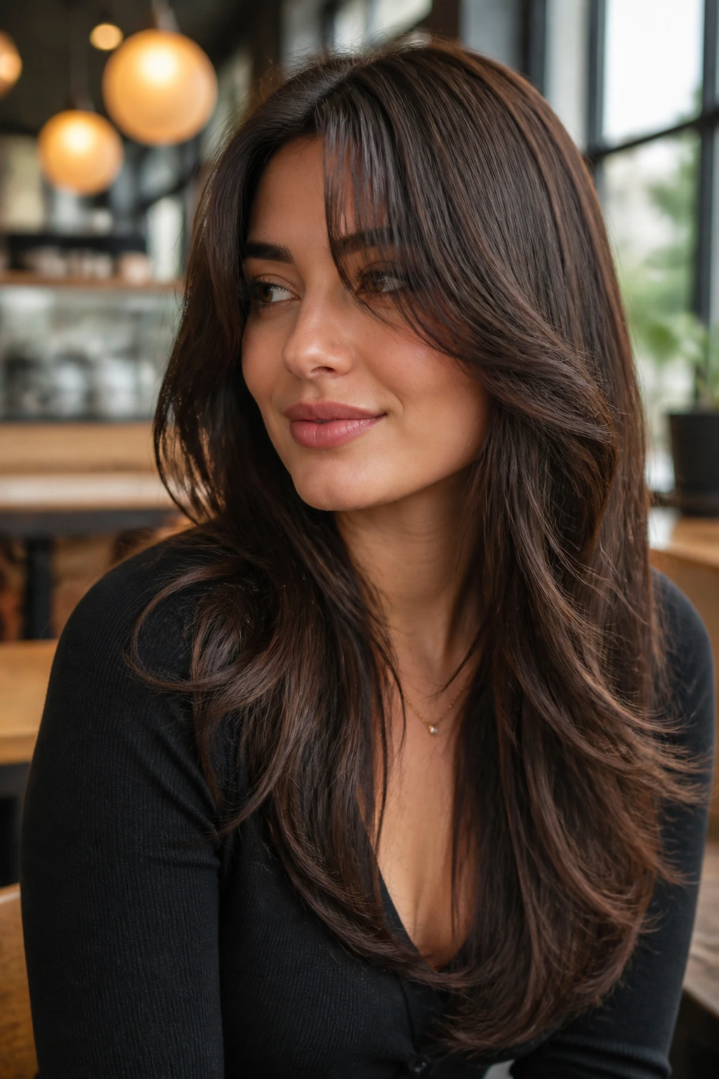 Portrait of a real woman with a round face, long slimming layers and curtain bangs