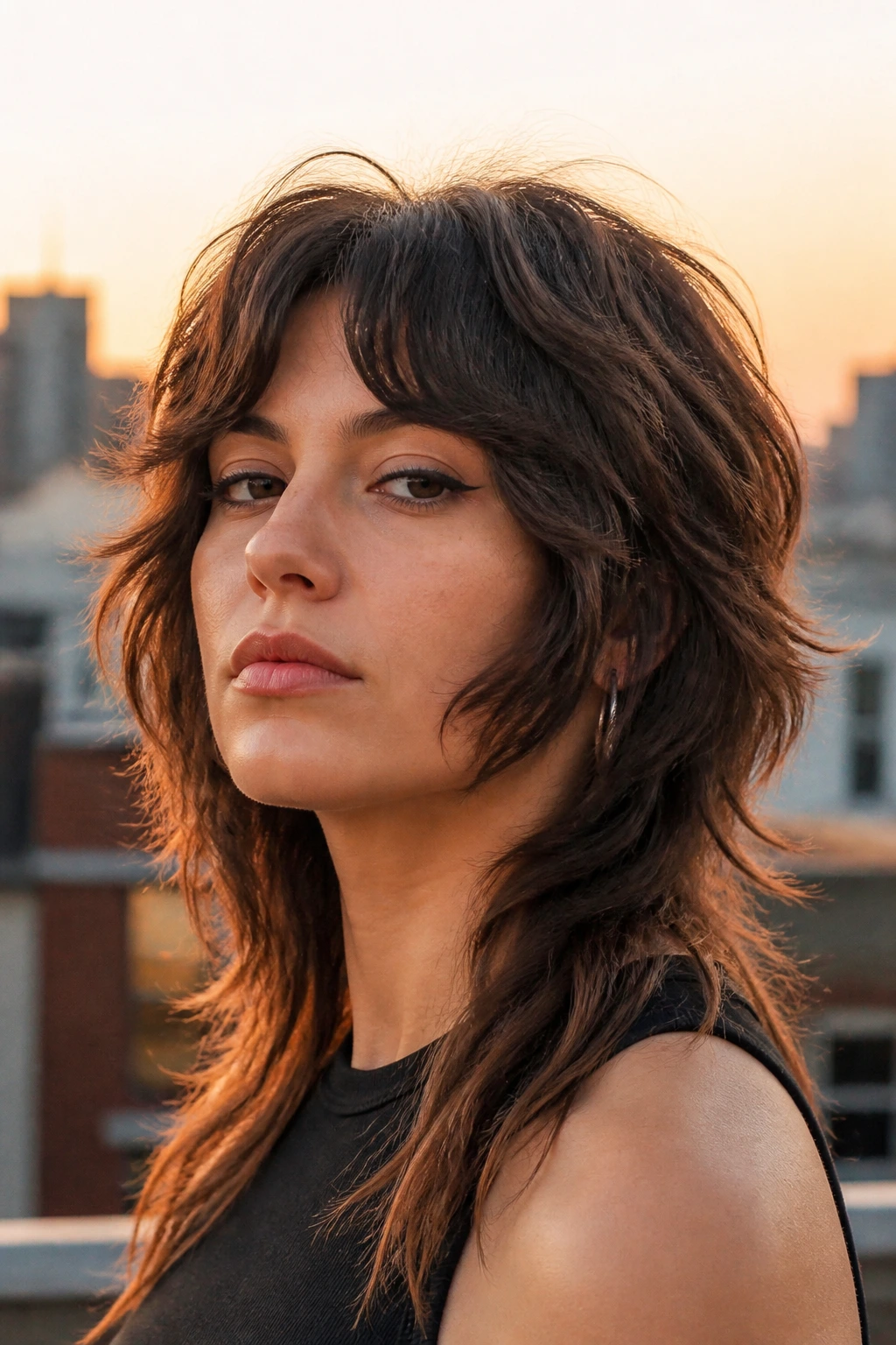 Close-up portrait of a real woman with round-face frame mullet showing cheek-framing pieces and elongating crown