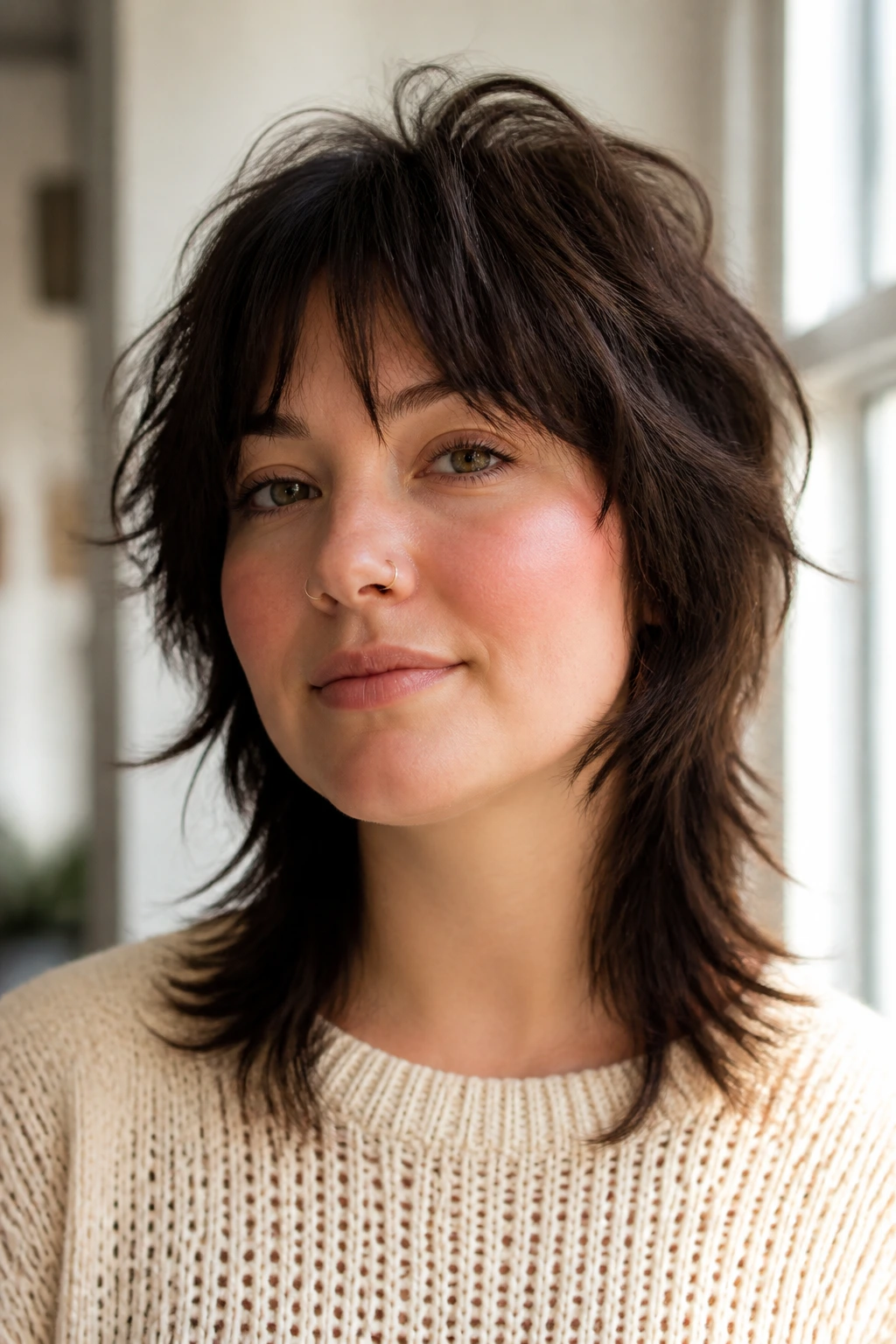Close-up of a real woman with a round face and mullet shag highlighting crown lift and fringe to interrupt roundness