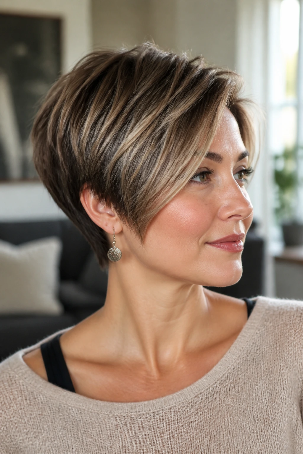 Close-up portrait of a real person with Round-Face Lengthening Pixie Bob featuring longer front, crown volume, and neat nape