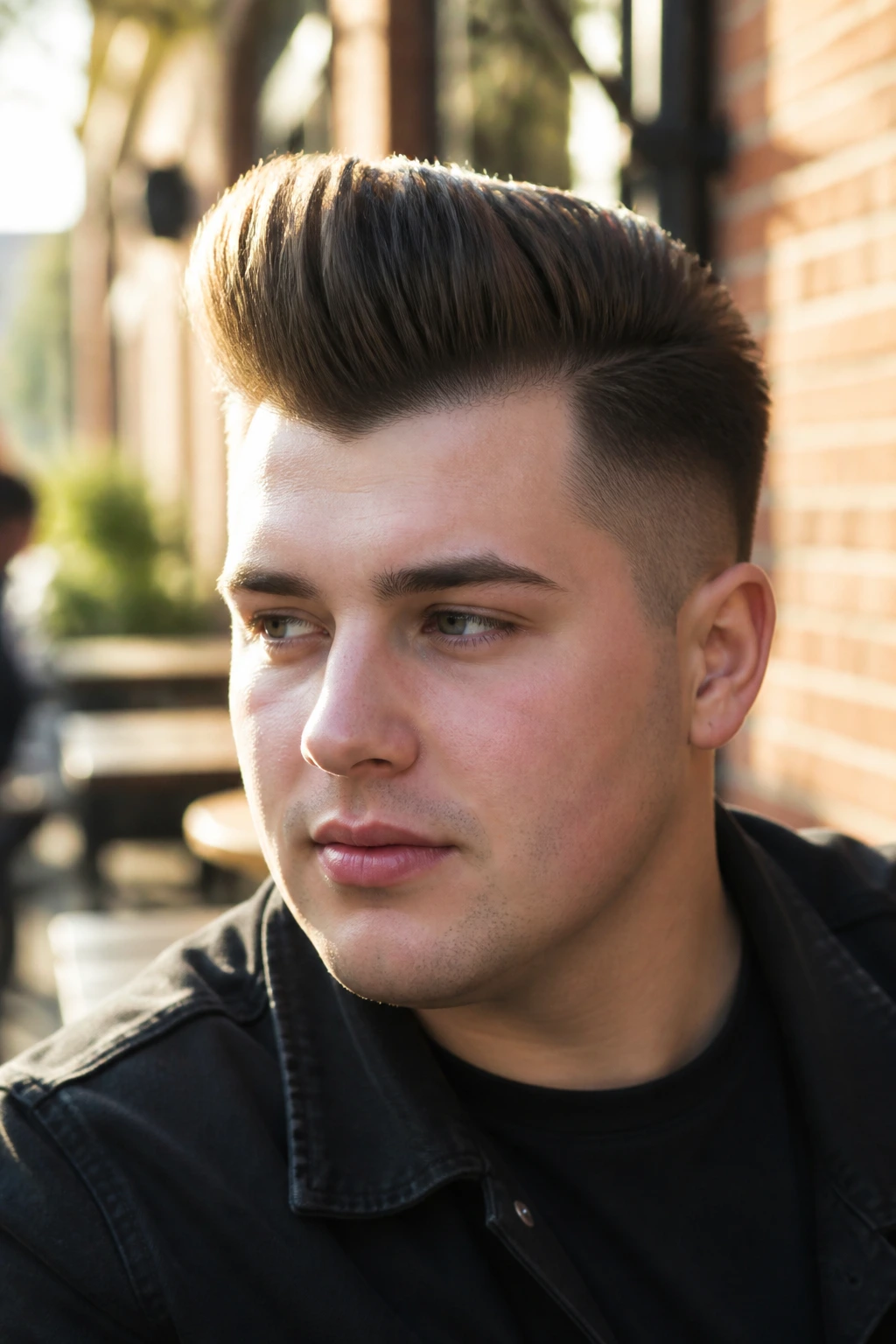 Round-face man in a high-front pompadour, outdoor cafe portrait