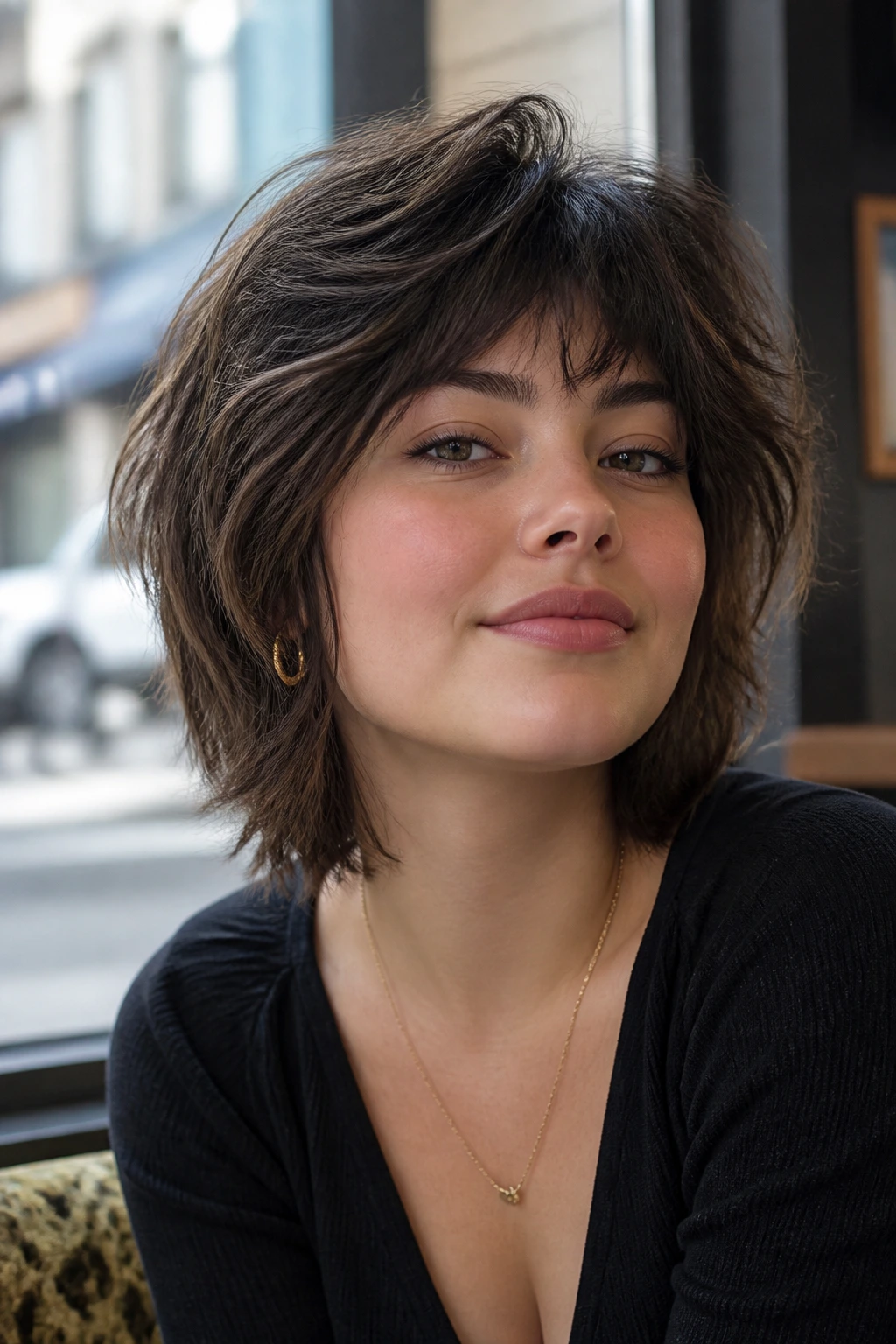 Close-up of a real person with Round-Face Balancing Shag Bob