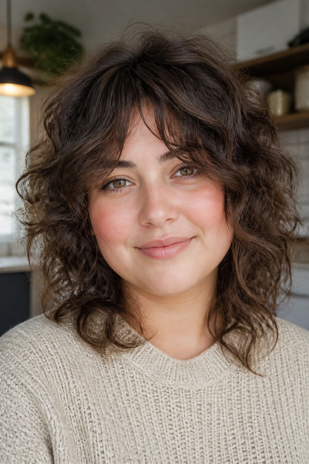 Close-up of a real woman with round-face shag and cheekbone-opening bangs