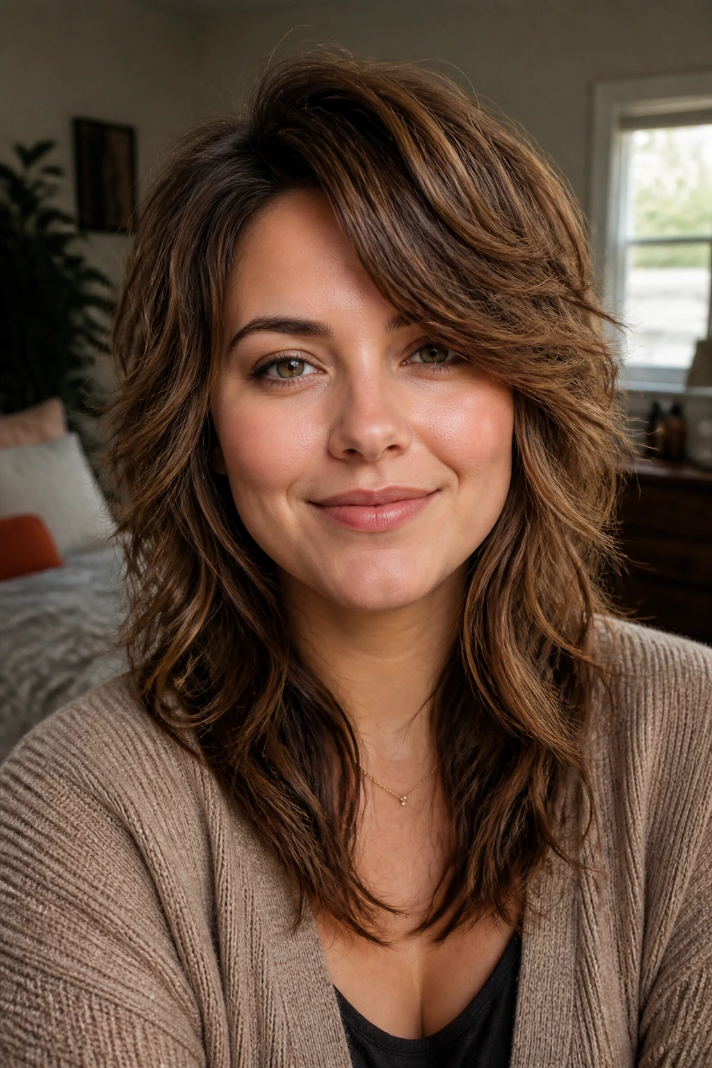 Portrait of a real person with a round face demonstrating a side-part shag